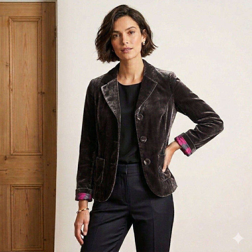 Boden Silk Blend Velvet 3 Button Blazer Grey Charcoal Sz 6 Dark Academia Office‎